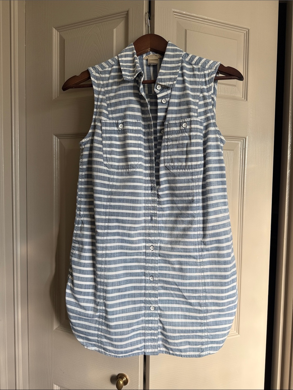 Duluth Trading Co Sleeveless Striped Button-Down Top - Blue & White